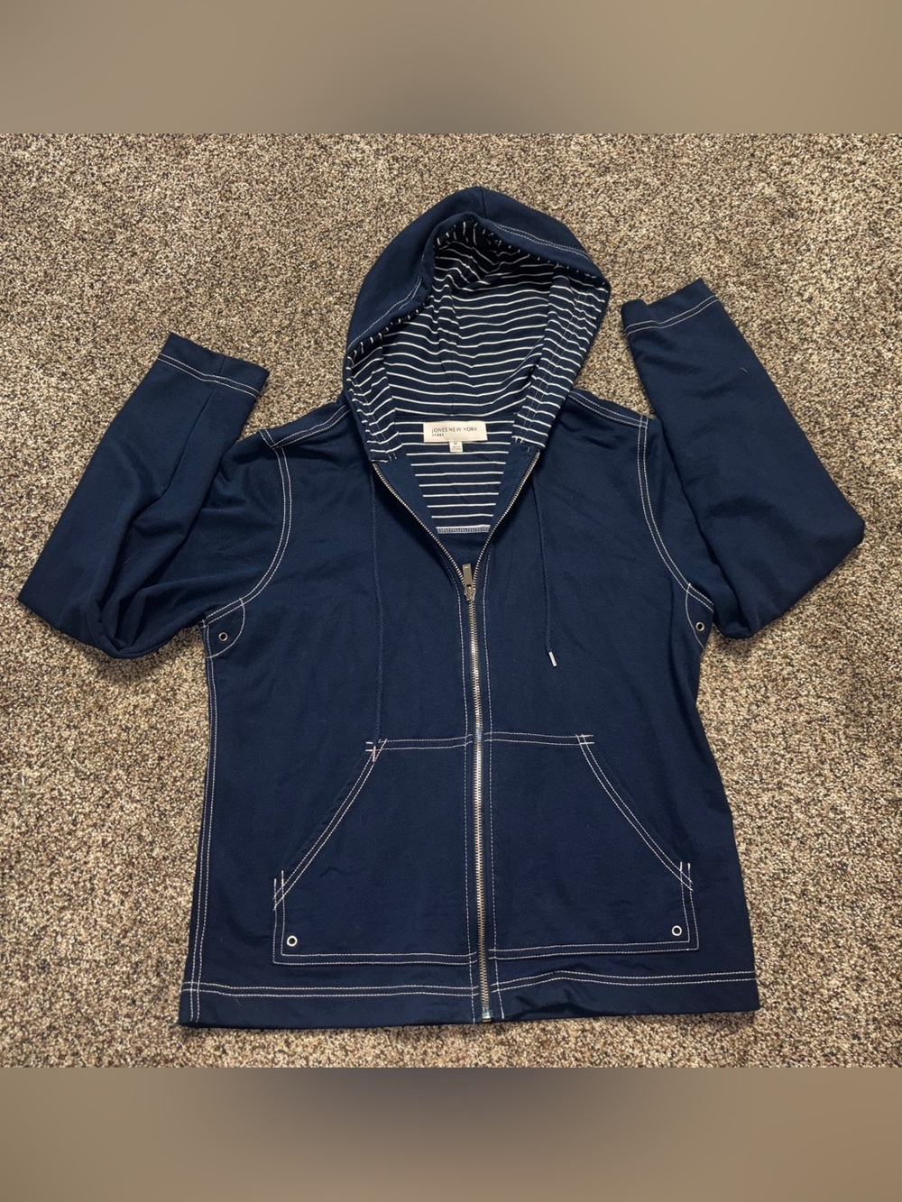 Jones NY Sport Women M Navy Hoodie Full Zip Contrast Stitch Coastal Nautical